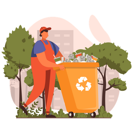 Garbage collector transporting waste to recycle Illustration
