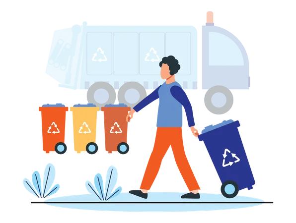 Garbage collector transporting waste to recycle Illustration