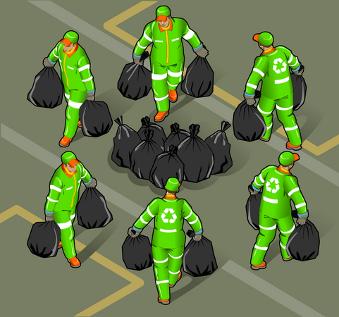 Garbage Collectors Gathering Garbage bags  イラスト