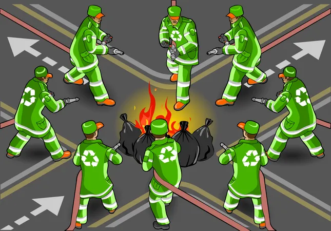 Garbage Collectors watering on fired garbage Illustration