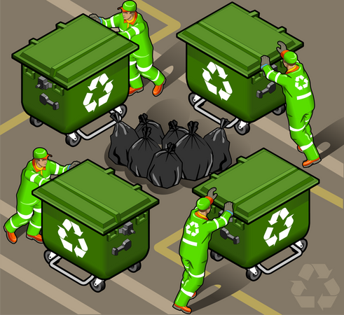 Garbage men with garbage bin and bags  イラスト