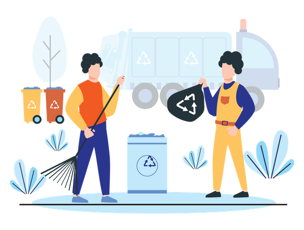 Garbage workers collecting recycling waste Illustration