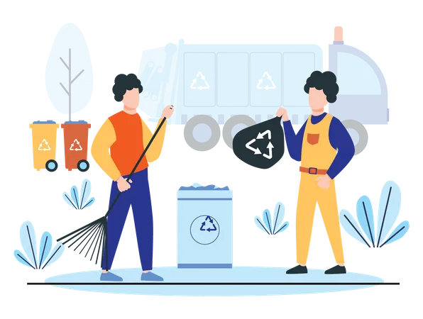 Garbage workers collecting recycling waste Illustration