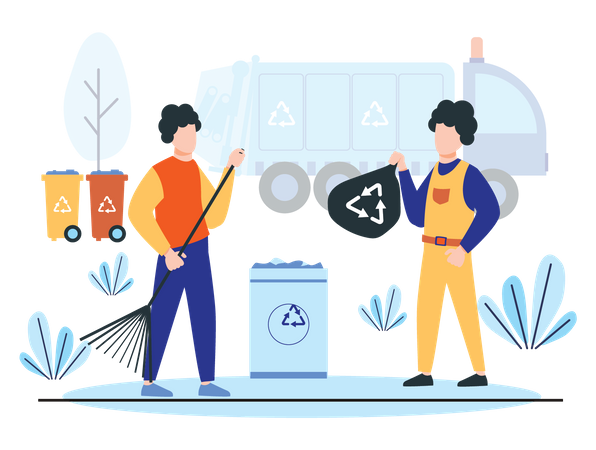 Garbage workers collecting recycling waste  Illustration