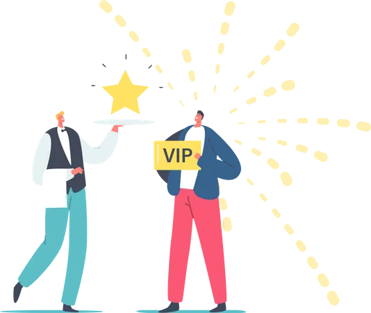 Garçom carrega estrela brilhante na bandeja para homem com cartão VIP Gold  Ilustração