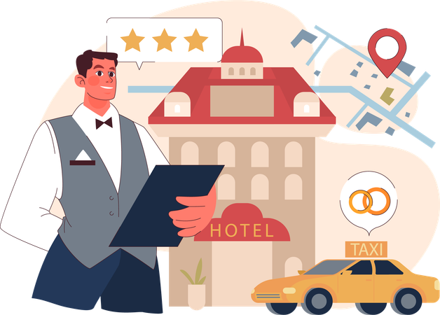 Garçom fazendo trabalho em hotel três estrelas  Ilustração