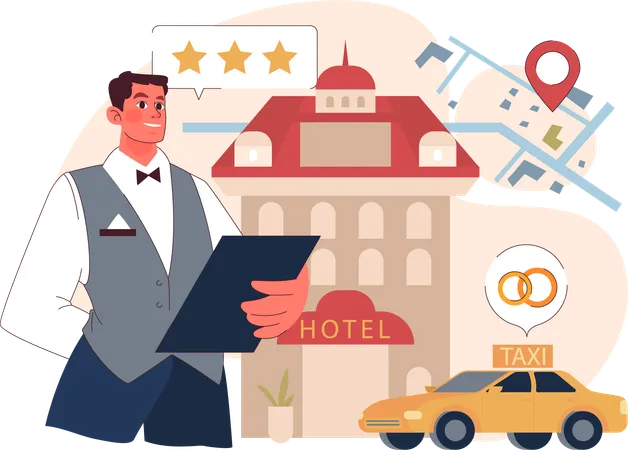 Garçom fazendo trabalho em hotel três estrelas  Ilustração