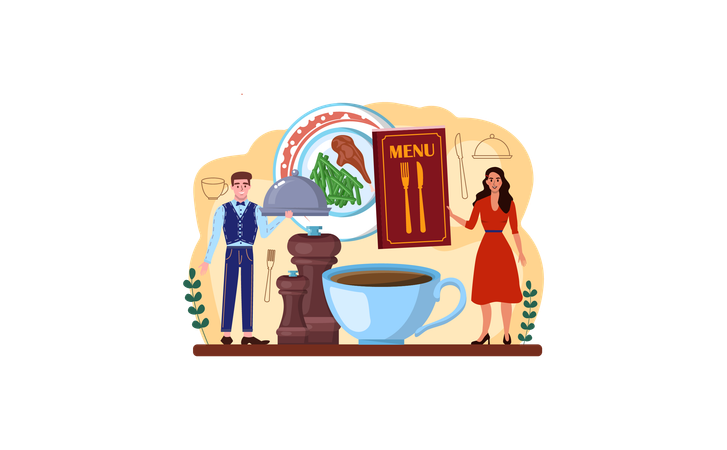 Garçom servindo comida no café  Ilustração