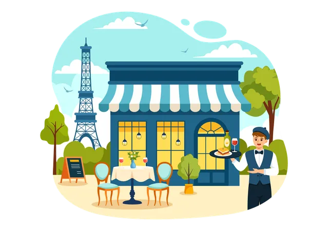 Garçom servindo comida no French Food Restaurantal  Ilustração