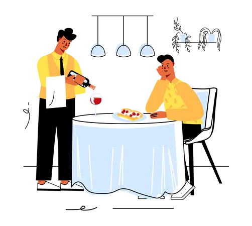 Garçom servindo vinho e comida  Ilustração