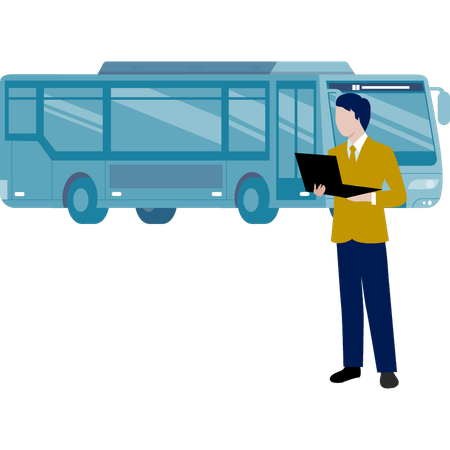 Garçon cherchant du temps de bus sur un ordinateur portable  Illustration