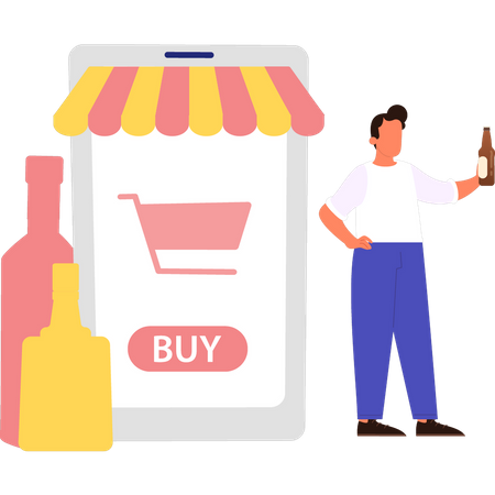 Garçon achetant du vin en ligne  Illustration