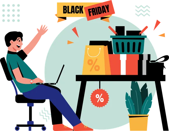 Garçon achetant des produits en ligne avec des réductions du Black Friday  Illustration