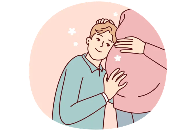 Un adolescent s'appuie contre le ventre de sa mère enceinte et écoute les battements du cœur de son enfant à naître.  Illustration