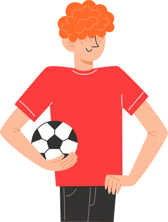 Garçon adolescent aux cheveux roux tenant un ballon de football  Illustration