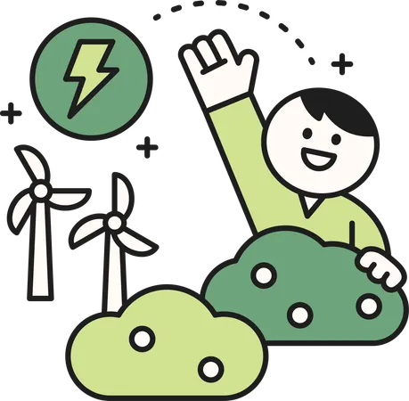 Garçon agitant la main tout en utilisant des énergies renouvelables  Illustration