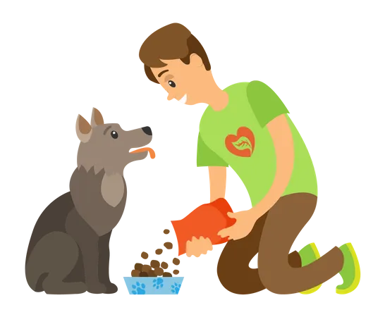 Garçon nourrissant un chien  Illustration