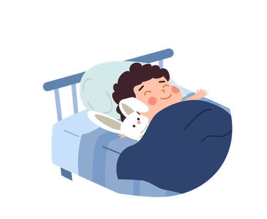 Garçon allongé sous une couverture et dormant avec un jouet  Illustration