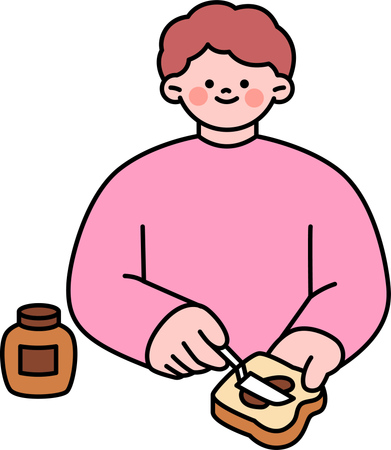 Le garçon applique de la confiture de chocolat sur du pain  Illustration
