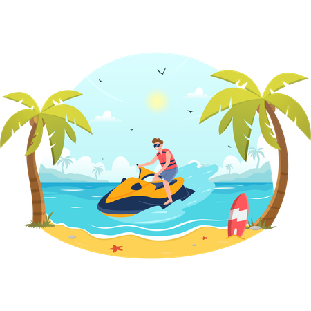 Garçon appréciant le jet ski à la plage  Illustration