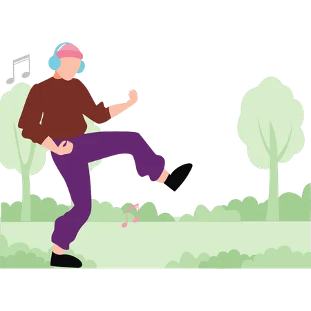Garçon appréciant la musique dans la forêt  Illustration