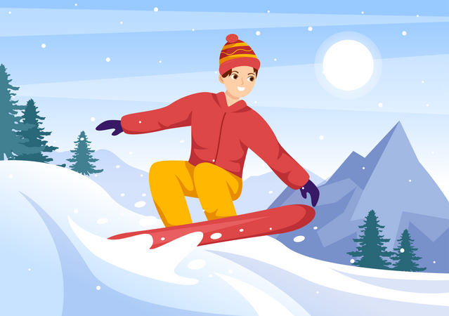 Garçon appréciant le snowboard  Illustration