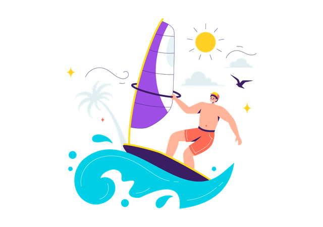 Garçon appréciant le surf sur l'océan  Illustration