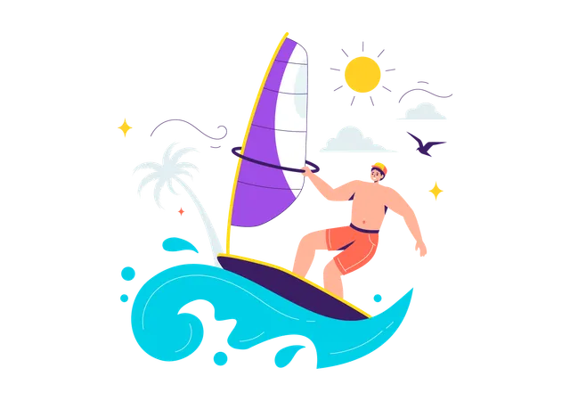 Garçon appréciant le surf sur l'océan  Illustration