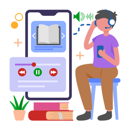 Un garçon apprécie les histoires avec des livres audio  Illustration