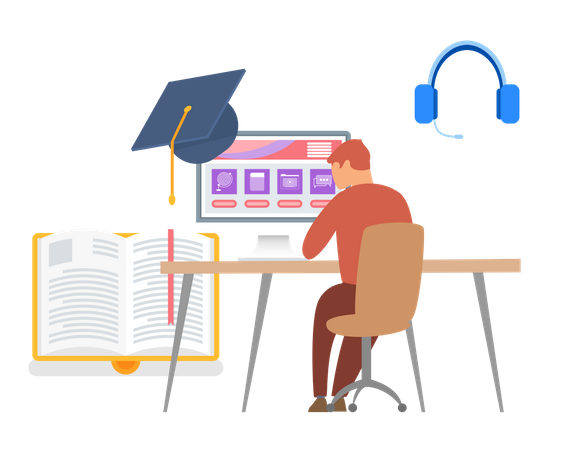 Garçon apprenant en ligne pour l'obtention du diplôme  Illustration