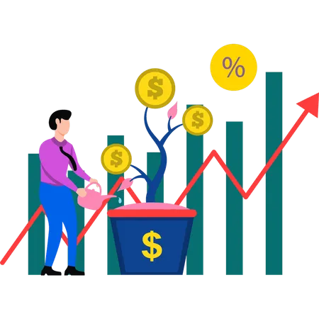 Garçon arrosant une plante dollar  Illustration