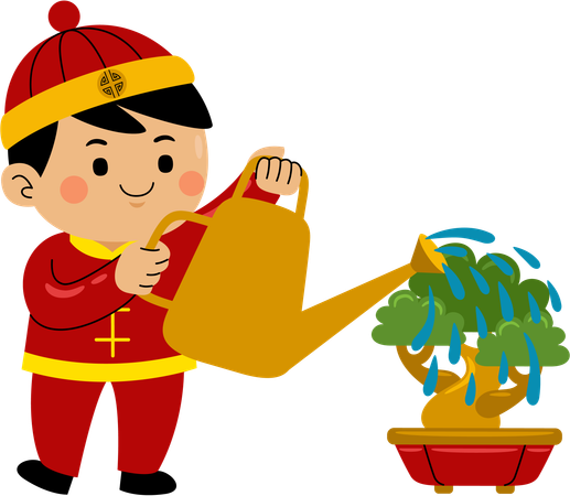 Garçon arrosant une plante chinoise  Illustration