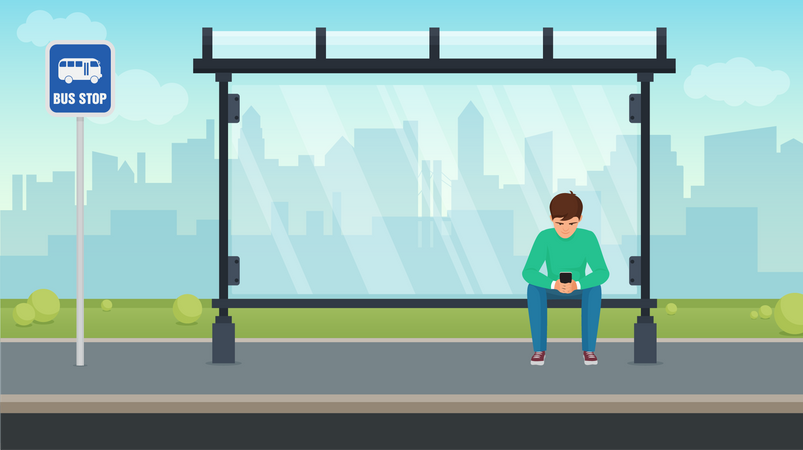 Garçon assis à l'arrêt de bus  Illustration