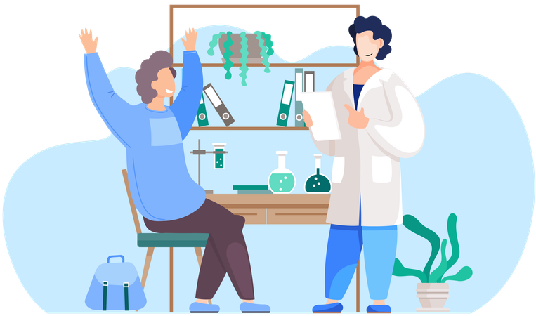 Garçon assis dans une salle de classe de chimie à l'école  Illustration