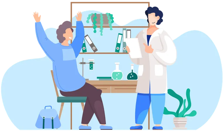 Garçon assis dans une salle de classe de chimie à l'école  Illustration