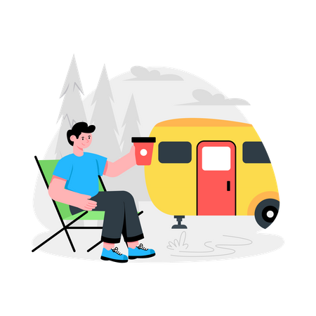 Garçon assis à l'extérieur d'un camping-car  Illustration