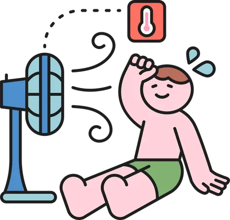 Garçon assis devant un ventilateur de table en été  Illustration