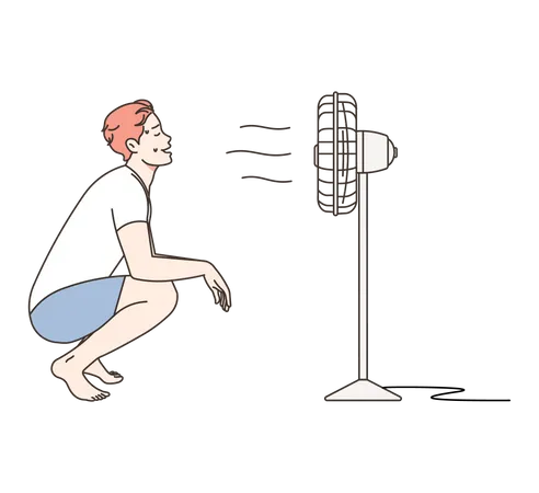 Garçon assis devant un ventilateur de table en été  Illustration