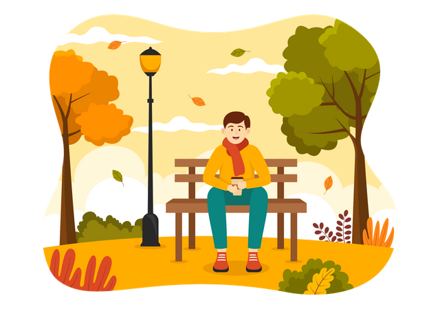 Garçon assis sur un banc dans Autumn Park  Illustration