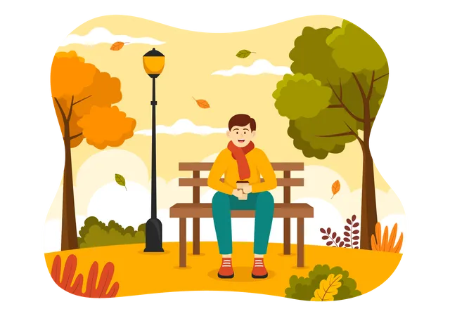 Garçon assis sur un banc dans Autumn Park  Illustration
