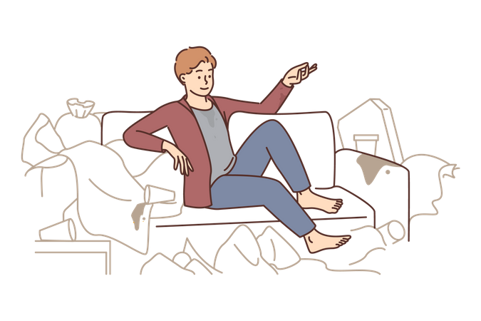 Garçon assis sur un canapé sale  Illustration