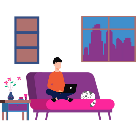 Garçon assis sur un canapé travaillant en ligne depuis chez lui  Illustration