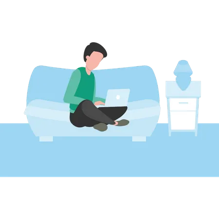 Garçon assis sur le lit à l’aide d’un ordinateur portable  Illustration