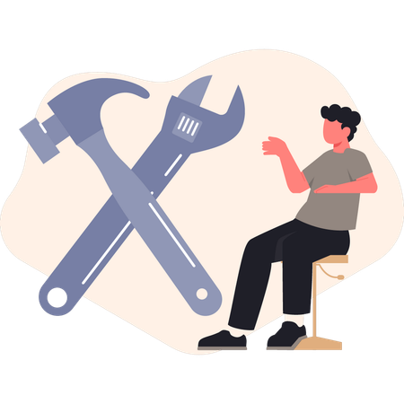 Garçon assis sur une chaise et parlant d'outils  Illustration