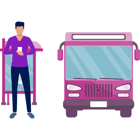 Garçon attendant à l'extérieur du bus  Illustration