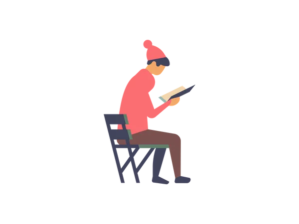 Garçon avec chapeau d'hiver assis sur un banc et lisant un livre  Illustration