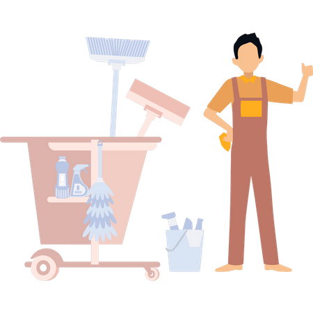 Garçon avec des produits de nettoyage  Illustration
