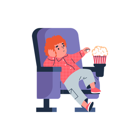 Garçon avec du pop-corn sur une chaise  Illustration