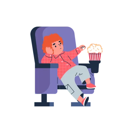 Garçon avec du pop-corn sur une chaise  Illustration