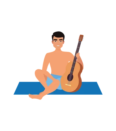 Garçon avec guitare à la plage  Illustration